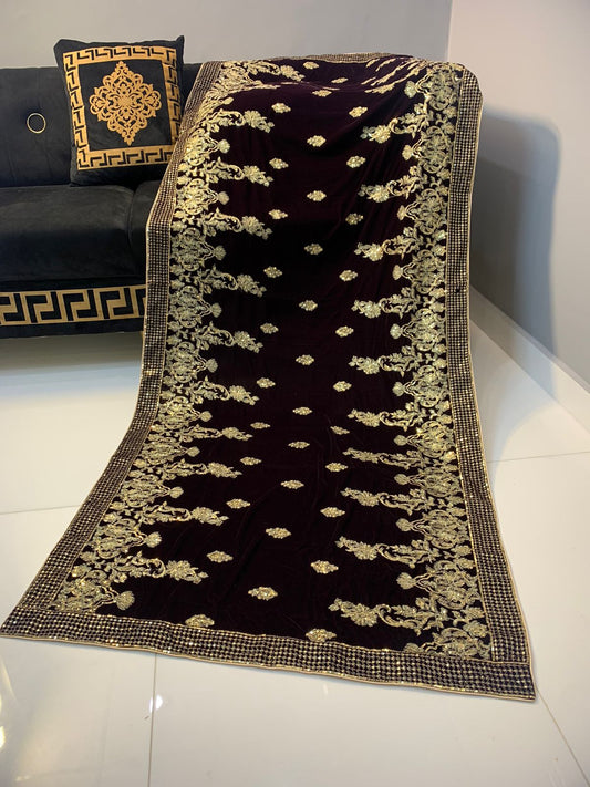 Velvet Embroidered Shawl - Dark Maroon