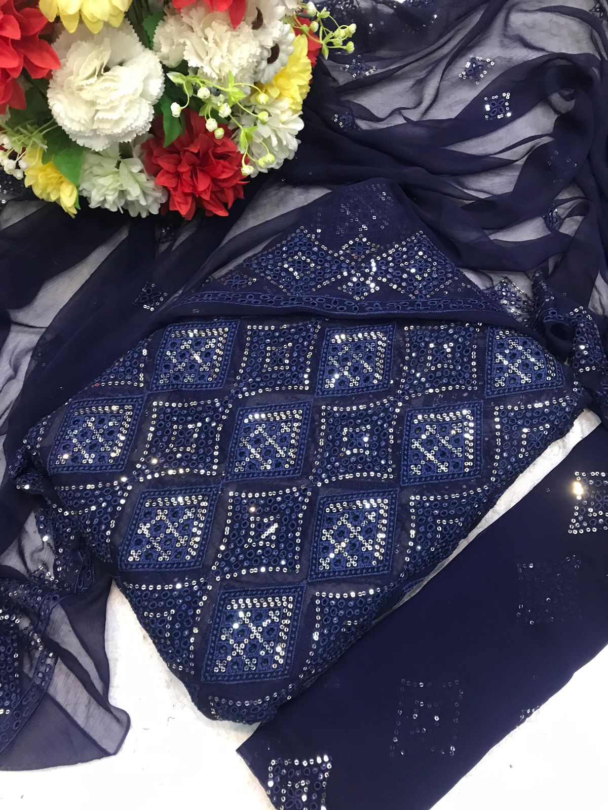 Chikankari Chiffon 3pc Embroidered Dress