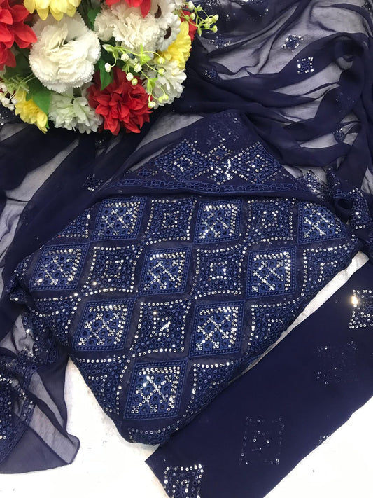 Chikankari Chiffon 3pc Embroidered Dress